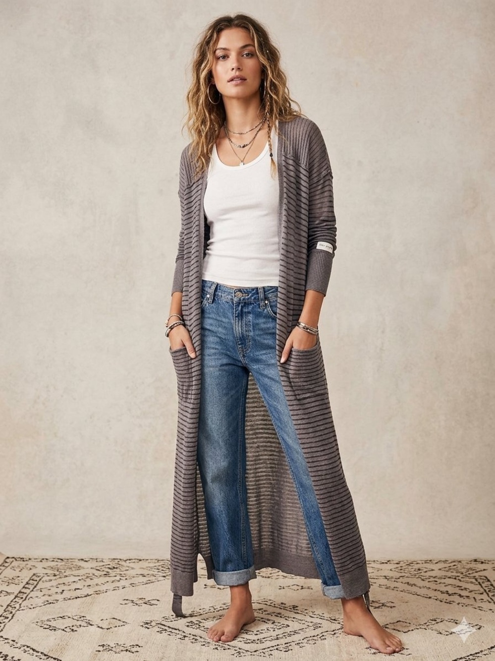 Free People Long Ribbed Open-Front Cardigan - Gray 17%Wool 9%Alpaca